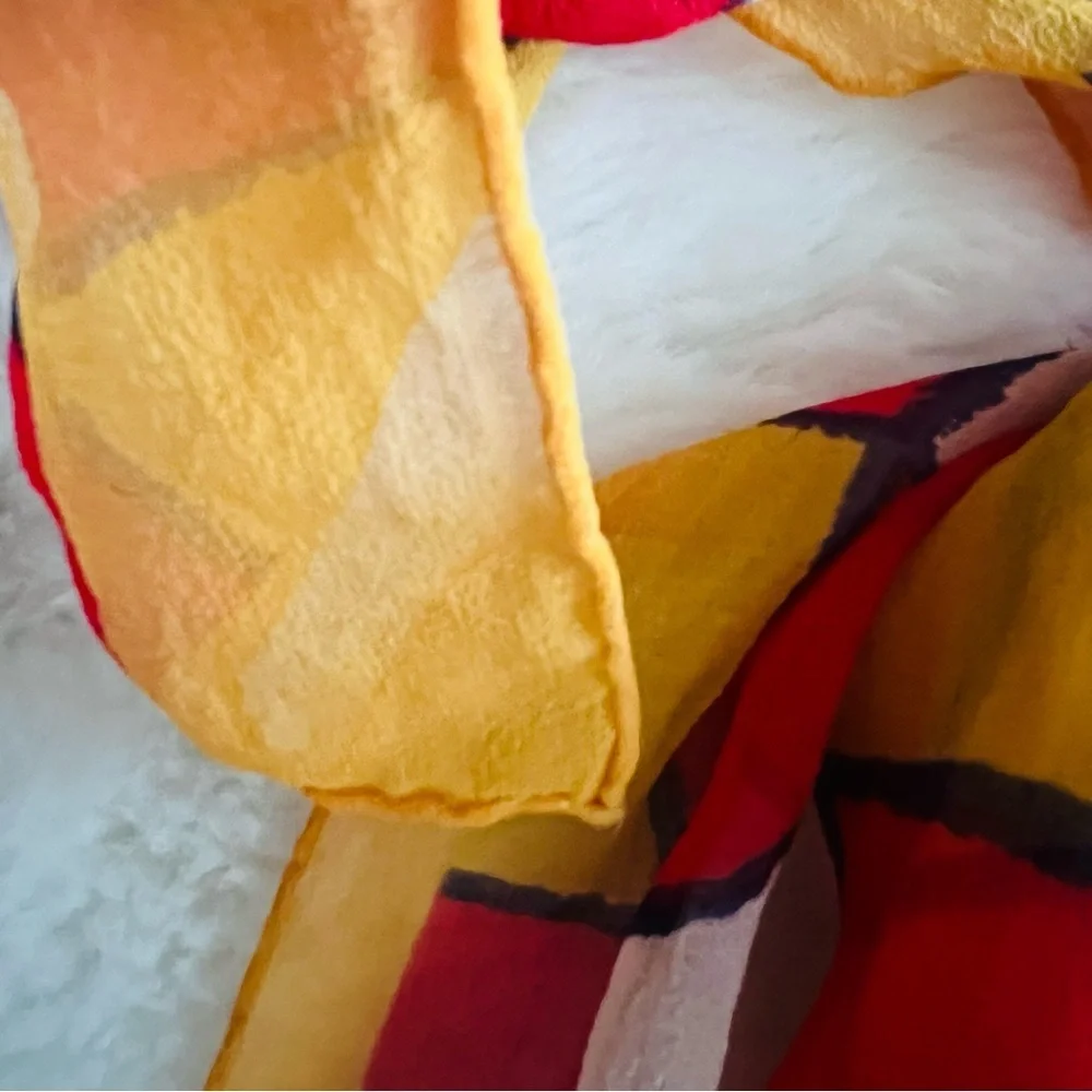 🌼 Vintage Hand-Painted Style Sheer Silk Scarf – Red, Yellow & Cream – 15” x 40”